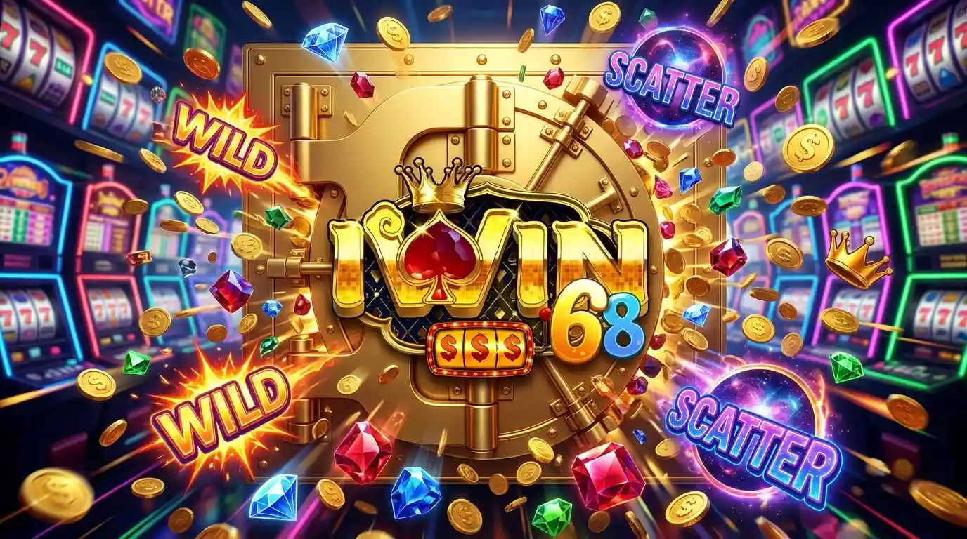 Banner sảnh Nổ Hũ IWIN với hàng ngàn đồng tiền vàng và biểu tượng Jackpot rực rỡ.
