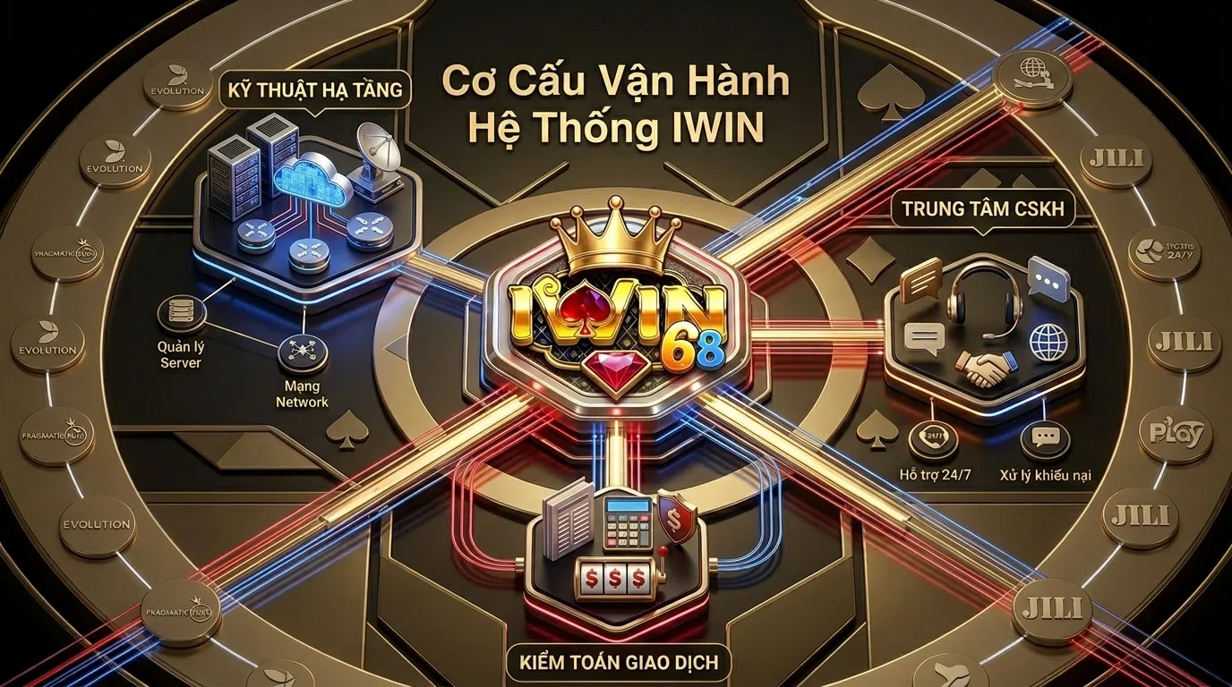 Sơ đồ minh họa cơ cấu quản trị và vận hành khép kín của hệ thống IWIN, bao gồm khối kỹ thuật, kiểm toán giao dịch và mạng lưới đối tác B2B toàn cầu.